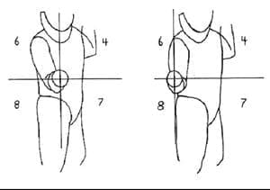 Attack lines in fencing A drawn picture of a fencer with quadrant lines labeled 6, 4, 8, 7.