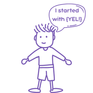 A cartoon boy with a word bubble saying,